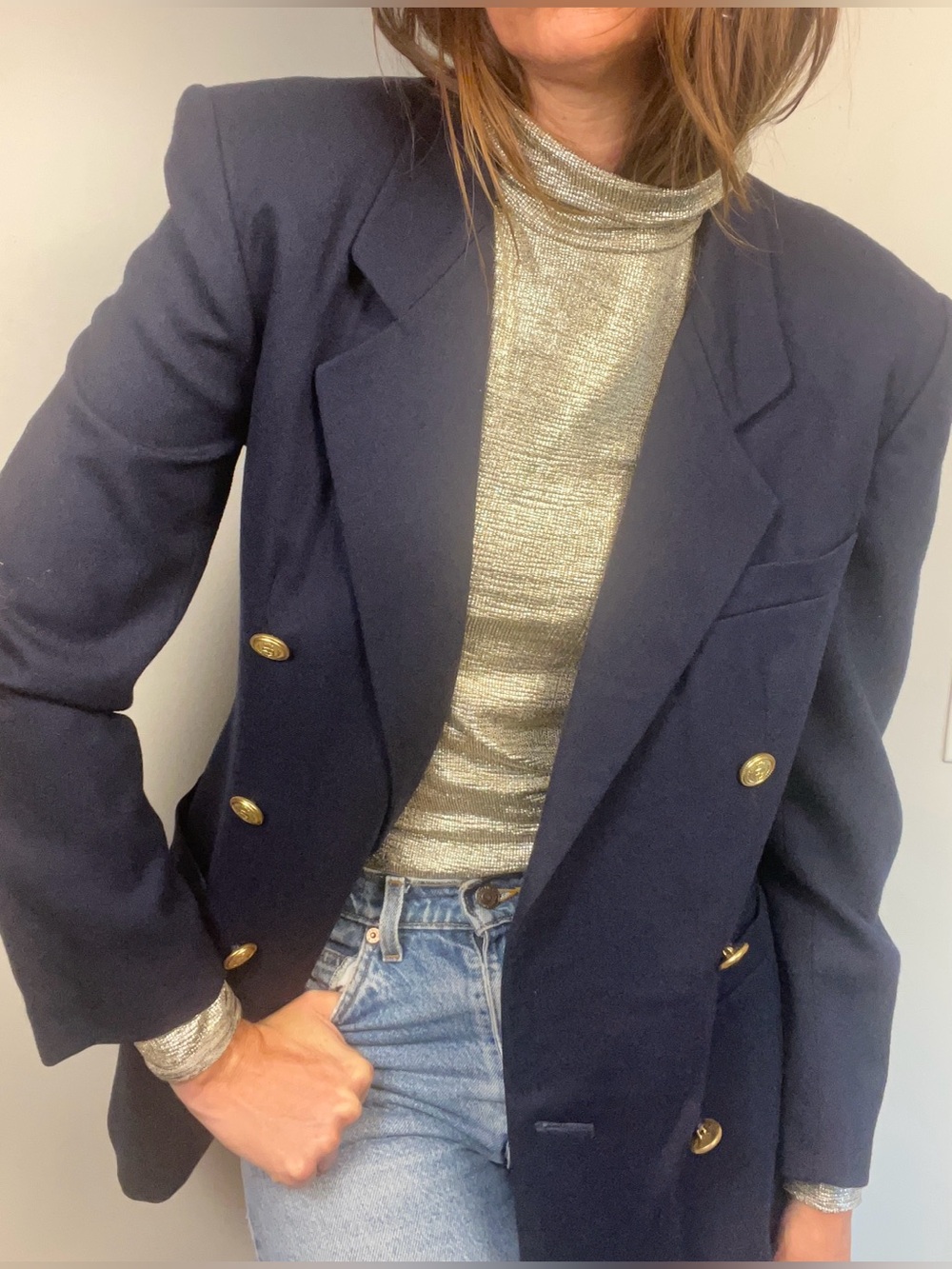 Vintage 90s Liz Claiborne Navy Wool Blazer – Double-Breasted Gold Buttons – 8